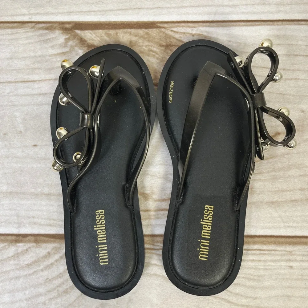 Mini Melissa Girls Black Jelly Flip Flop Sandals Bow Silver Ball Studded 11 Shoe